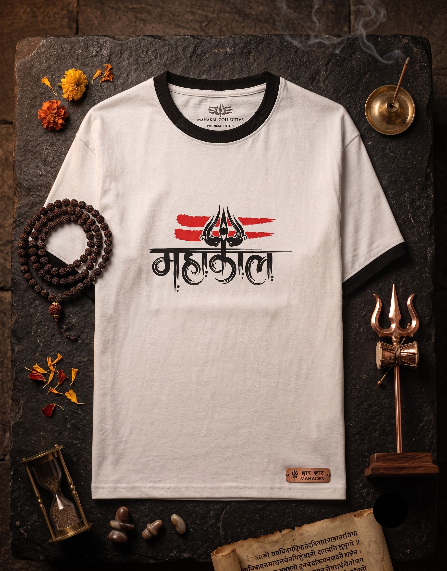 A white short-sleeve ringer T-shirt with black trim and a central graphic featuring a red swastika symbol and black Devanagari text, laid flat on a dark textured surface with decorative props including a brass incense burner, wooden beads, an hourglass, and a small brass award stand.
