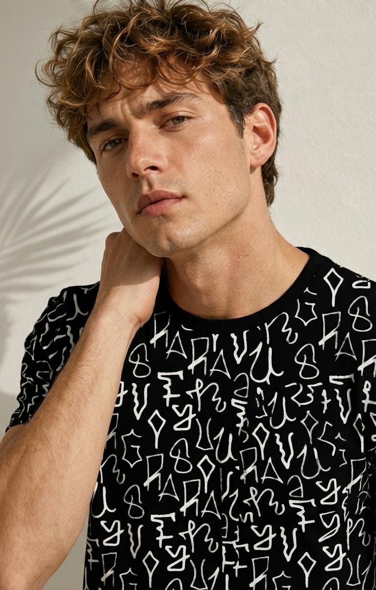 SLEEV Abstract Typography All-Over Print T-Shirt | Unisex Monochrome Graphic Tee