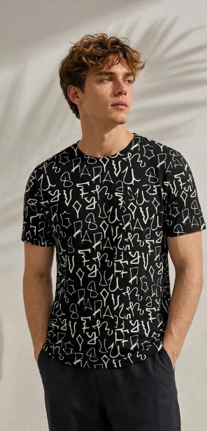 SLEEV Abstract Typography All-Over Print T-Shirt | Unisex Monochrome Graphic Tee